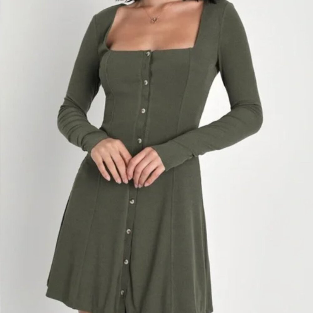 Lulus “Simply Favored Olive Green Ribbed Long Sleeve Mini Dress” size Small